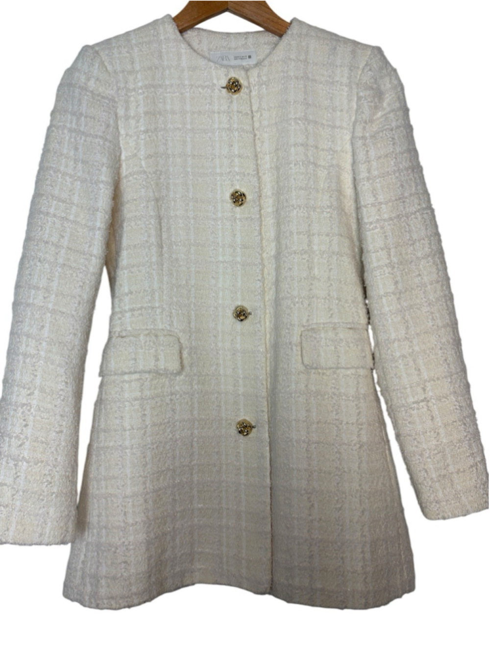 Zara Tweed Bouclé Blazer Jacket Ivory Cream Longline Gold Buttons Size S - Picture 10 of 12